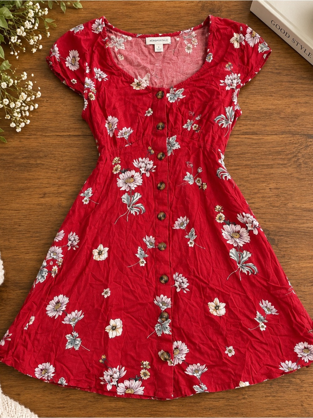 Aeropostale Red Floral Button Front Mini Dress | Lace-Up Back | Size Small